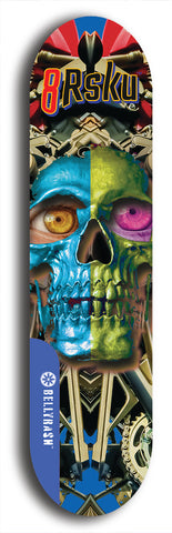 Limited edition, North American maple skateboard deck designed by underground artist BellyRash -- available in widths 7.5 to 8.5 inches in both mellow concave and steep concave shapes. Artwork: 8Rsku brand popsicle-shaped skateboard deck.