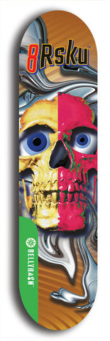 North American maple skateboard deck designed by underground artist BellyRash -- available in widths between 7.5 to 8.5 inches in both mellow concave and steep concave shapes from the BellyRash Limited Edition Blitz Deck series: 8Rsku