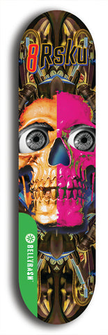 North American maple skateboard deck designed by underground artist BellyRash -- available in widths between 7.5 to 8.5 inches in both mellow concave and steep concave shapes from the BellyRash Limited Edition Blitz Deck series: 8Rsku