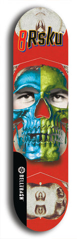 Limited edition, North American maple skateboard deck designed by underground artist BellyRash -- available in widths 7.5 to 8.5 inches in both mellow concave and steep concave shapes. Artwork: 8Rsku brand popsicle-shaped skateboard deck.