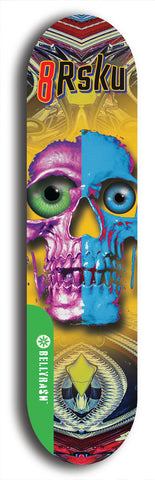 Limited edition, North American maple skateboard deck designed by underground artist BellyRash -- available in widths 7.5 to 8.5 inches in both mellow concave and steep concave shapes. Artwork: 8Rsku brand popsicle-shaped skateboard deck.