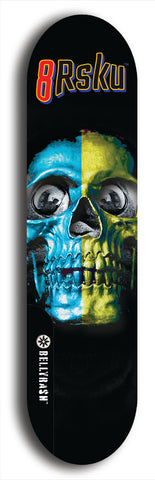 Limited edition, North American maple skateboard deck designed by underground artist BellyRash -- available in widths 7.5 to 8.5 inches in both mellow concave and steep concave shapes. Artwork: 8Rsku brand popsicle-shaped skateboard deck.