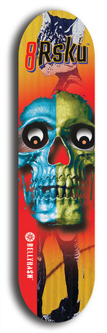 Limited edition, North American maple skateboard deck designed by underground artist BellyRash -- available in widths 7.5 to 8.5 inches in both mellow concave and steep concave shapes. Artwork: 8Rsku brand popsicle-shaped skateboard deck.