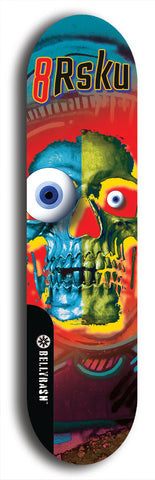 Limited edition, North American maple skateboard deck designed by underground artist BellyRash -- available in widths 7.5 to 8.5 inches in both mellow concave and steep concave shapes. Artwork: 8Rsku brand popsicle-shaped skateboard deck.