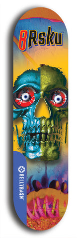 Limited edition, North American maple skateboard deck designed by underground artist BellyRash -- available in widths 7.5 to 8.5 inches in both mellow concave and steep concave shapes. Artwork: 8Rsku brand popsicle-shaped skateboard deck.