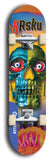 Limited edition, North American maple skateboard deck designed by underground artist BellyRash -- available in widths 7.5 to 8.5 inches in both mellow concave and steep concave shapes. Artwork: 8Rsku brand popsicle-shaped skateboard deck.