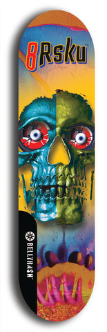 Limited edition, North American maple skateboard deck designed by underground artist BellyRash -- available in widths 7.5 to 8.5 inches in both mellow concave and steep concave shapes. Artwork: 8Rsku brand popsicle-shaped skateboard deck.