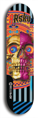 Limited edition, North American maple skateboard deck designed by underground artist BellyRash -- available in widths 7.5 to 8.5 inches in both mellow concave and steep concave shapes. Artwork: 8Rsku brand popsicle-shaped skateboard deck.