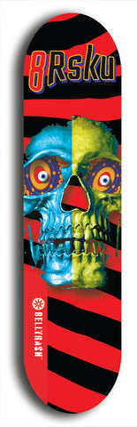 Limited edition, North American maple skateboard deck designed by underground artist BellyRash -- available in widths 7.5 to 8.5 inches in both mellow concave and steep concave shapes. Artwork: 8Rsku brand popsicle-shaped skateboard deck.