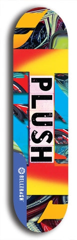 Skateboard deck: Limited edition, North American maple skateboard deck designed by underground artist BellyRash - available widths 7.5 to 8.5 inches in both mellow concave and steep concave shapes. Artwork: PLUSH logo brand popsicle-shaped deck