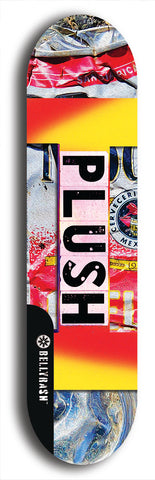 Skateboard deck: Limited edition, North American maple skateboard deck designed by underground artist BellyRash - available widths 7.5 to 8.5 inches in both mellow concave and steep concave shapes. Artwork: PLUSH logo brand popsicle-shaped deck