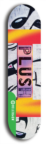 North American maple skateboard deck designed by underground artist BellyRash -- available in widths between 7.5 to 8.5 inches in both mellow concave and steep concave shapes from the BellyRash Limited Edition Blitz Deck series: Plush Logo