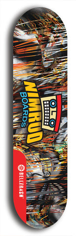 Skateboard deck: Limited edition, North American maple skateboard deck designed by underground artist BellyRash -- available in widths 7.5 to 8.5 inches in both mellow concave and steep concave shapes. Artwork: NIMROD brand popsicle-shaped skateboard deck with NIMROD logo