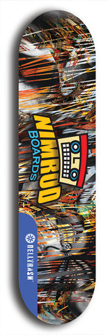 Skateboard deck: Limited edition, North American maple skateboard deck designed by underground artist BellyRash -- available in widths 7.5 to 8.5 inches in both mellow concave and steep concave shapes. Artwork: NIMROD brand popsicle-shaped skateboard deck with NIMROD logo