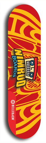 Skateboard deck: Limited edition, North American maple skateboard deck designed by underground artist BellyRash -- available in widths 7.5 to 8.5 inches in both mellow concave and steep concave shapes. Artwork: NIMROD brand popsicle-shaped skateboard deck with NIMROD logo