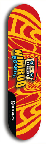 Skateboard deck: Limited edition, North American maple skateboard deck designed by underground artist BellyRash -- available in widths 7.5 to 8.5 inches in both mellow concave and steep concave shapes. Artwork: NIMROD brand popsicle-shaped skateboard deck with NIMROD logo