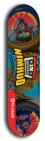 Skateboard deck: Limited edition, North American maple skateboard deck designed by underground artist BellyRash -- available in widths 7.5 to 8.5 inches in both mellow concave and steep concave shapes. Artwork: NIMROD brand popsicle-shaped skateboard deck with NIMROD logo