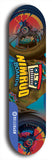 Skateboard deck: Limited edition, North American maple skateboard deck designed by underground artist BellyRash -- available in widths 7.5 to 8.5 inches in both mellow concave and steep concave shapes. Artwork: NIMROD brand popsicle-shaped skateboard deck with NIMROD logo
