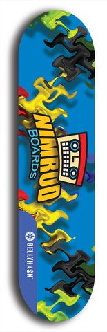 Skateboard deck: Limited edition, North American maple skateboard deck designed by underground artist BellyRash -- available in widths 7.5 to 8.5 inches in both mellow concave and steep concave shapes. Artwork: NIMROD brand popsicle-shaped skateboard deck with NIMROD logo