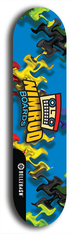 Skateboard deck: Limited edition, North American maple skateboard deck designed by underground artist BellyRash -- available in widths 7.5 to 8.5 inches in both mellow concave and steep concave shapes. Artwork: NIMROD brand popsicle-shaped skateboard deck with NIMROD logo