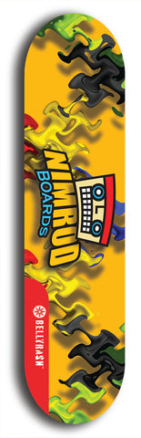 Skateboard deck: Limited edition, North American maple skateboard deck designed by underground artist BellyRash -- available in widths 7.5 to 8.5 inches in both mellow concave and steep concave shapes. Artwork: NIMROD brand popsicle-shaped skateboard deck with NIMROD logo