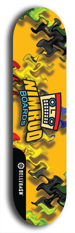 Skateboard deck: Limited edition, North American maple skateboard deck designed by underground artist BellyRash -- available in widths 7.5 to 8.5 inches in both mellow concave and steep concave shapes. Artwork: NIMROD brand popsicle-shaped skateboard deck with NIMROD logo