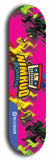 Skateboard deck: Limited edition, North American maple skateboard deck designed by underground artist BellyRash -- available in widths 7.5 to 8.5 inches in both mellow concave and steep concave shapes. Artwork: NIMROD brand popsicle-shaped skateboard deck with NIMROD logo