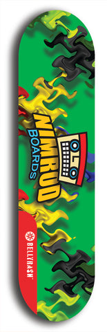 Skateboard deck: Limited edition, North American maple skateboard deck designed by underground artist BellyRash -- available in widths 7.5 to 8.5 inches in both mellow concave and steep concave shapes. Artwork: NIMROD brand popsicle-shaped skateboard deck with NIMROD logo