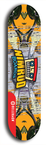 Skateboard deck: Limited edition, North American maple skateboard deck designed by underground artist BellyRash -- available in widths 7.5 to 8.5 inches in both mellow concave and steep concave shapes. Artwork: NIMROD brand popsicle-shaped skateboard deck with NIMROD logo