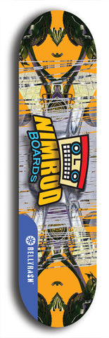 Skateboard deck: Limited edition, North American maple skateboard deck designed by underground artist BellyRash -- available in widths 7.5 to 8.5 inches in both mellow concave and steep concave shapes. Artwork: NIMROD brand popsicle-shaped skateboard deck with NIMROD logo