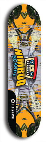 Skateboard deck: Limited edition, North American maple skateboard deck designed by underground artist BellyRash -- available in widths 7.5 to 8.5 inches in both mellow concave and steep concave shapes. Artwork: NIMROD brand popsicle-shaped skateboard deck with NIMROD logo