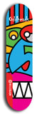 Skateboard deck: Limited edition, North American maple skateboard deck designed by underground artist BellyRash -- available in widths 7.5 to 8.5 inches in both mellow concave and steep concave shapes. Artwork: Oddheads brand popsicle-shaped skateboard deck with cartoon head on dark background.