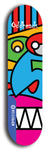 Skateboard deck: Limited edition, North American maple skateboard deck designed by underground artist BellyRash -- available in widths 7.5 to 8.5 inches in both mellow concave and steep concave shapes. Artwork: Oddheads brand popsicle-shaped skateboard deck with cartoon head on dark background.