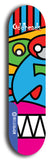 Skateboard deck: Limited edition, North American maple skateboard deck designed by underground artist BellyRash -- available in widths 7.5 to 8.5 inches in both mellow concave and steep concave shapes. Artwork: Oddheads brand popsicle-shaped skateboard deck with cartoon head on dark background.