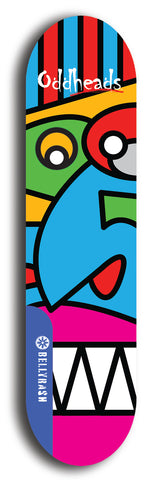 Skateboard deck: Limited edition, North American maple skateboard deck designed by underground artist BellyRash -- available in widths 7.5 to 8.5 inches in both mellow concave and steep concave shapes. Artwork: Oddheads brand popsicle-shaped skateboard deck with cartoon head on dark background.