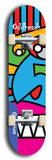 Skateboard deck: Limited edition, North American maple skateboard deck designed by underground artist BellyRash -- available in widths 7.5 to 8.5 inches in both mellow concave and steep concave shapes. Artwork: Oddheads brand popsicle-shaped skateboard deck with cartoon head on dark background.