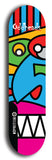 Skateboard deck: Limited edition, North American maple skateboard deck designed by underground artist BellyRash -- available in widths 7.5 to 8.5 inches in both mellow concave and steep concave shapes. Artwork: Oddheads brand popsicle-shaped skateboard deck with cartoon head on dark background.