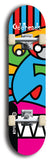 Skateboard deck: Limited edition, North American maple skateboard deck designed by underground artist BellyRash -- available in widths 7.5 to 8.5 inches in both mellow concave and steep concave shapes. Artwork: Oddheads brand popsicle-shaped skateboard deck with cartoon head on dark background.