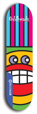 Skateboard deck: Limited edition, North American maple skateboard deck designed by underground artist BellyRash -- available in widths 7.5 to 8.5 inches in both mellow concave and steep concave shapes. Artwork: Oddheads brand popsicle-shaped skateboard deck with cartoon head on dark background.