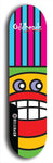 Skateboard deck: Limited edition, North American maple skateboard deck designed by underground artist BellyRash -- available in widths 7.5 to 8.5 inches in both mellow concave and steep concave shapes. Artwork: Oddheads brand popsicle-shaped skateboard deck with cartoon head on dark background.