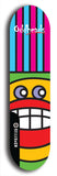 Skateboard deck: Limited edition, North American maple skateboard deck designed by underground artist BellyRash -- available in widths 7.5 to 8.5 inches in both mellow concave and steep concave shapes. Artwork: Oddheads brand popsicle-shaped skateboard deck with cartoon head on dark background.