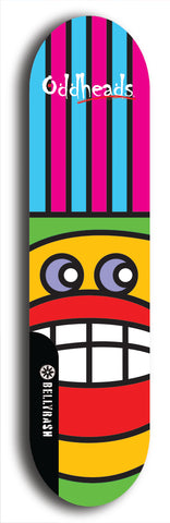 Skateboard deck: Limited edition, North American maple skateboard deck designed by underground artist BellyRash -- available in widths 7.5 to 8.5 inches in both mellow concave and steep concave shapes. Artwork: Oddheads brand popsicle-shaped skateboard deck with cartoon head on dark background.