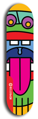 Skateboard deck: Limited edition, North American maple skateboard deck designed by underground artist BellyRash -- available in widths 7.5 to 8.5 inches in both mellow concave and steep concave shapes. Artwork: Oddheads brand popsicle-shaped skateboard deck with cartoon head on dark background.