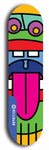 Skateboard deck: Limited edition, North American maple skateboard deck designed by underground artist BellyRash -- available in widths 7.5 to 8.5 inches in both mellow concave and steep concave shapes. Artwork: Oddheads brand popsicle-shaped skateboard deck with cartoon head on dark background.