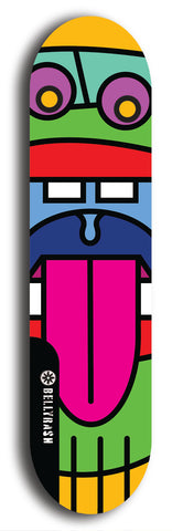 Skateboard deck: Limited edition, North American maple skateboard deck designed by underground artist BellyRash -- available in widths 7.5 to 8.5 inches in both mellow concave and steep concave shapes. Artwork: Oddheads brand popsicle-shaped skateboard deck with cartoon head on dark background.