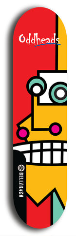 Skateboard deck: Limited edition, North American maple skateboard deck designed by underground artist BellyRash -- available in widths 7.5 to 8.5 inches in both mellow concave and steep concave shapes. Artwork: Oddheads brand popsicle-shaped skateboard deck with cartoon head on dark background.