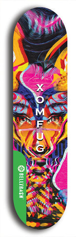 North American maple skateboard deck designed by underground artist BellyRash -- available in widths between 7.5 to 8.5 inches in both mellow concave and steep concave shapes from the BellyRash Limited Edition Blitz Deck series: Xomfug