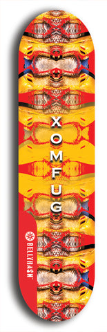 Skateboard deck: Limited edition, North American maple skateboard deck designed by underground artist BellyRash - available widths 7.5 to 8.5 inches in both mellow concave and steep concave shapes. Artwork: XOMFUG logo brand popsicle-shaped deck