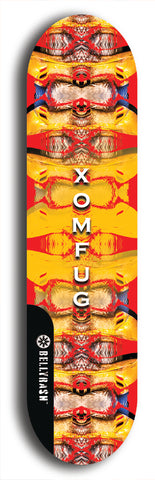 Skateboard deck: Limited edition, North American maple skateboard deck designed by underground artist BellyRash - available widths 7.5 to 8.5 inches in both mellow concave and steep concave shapes. Artwork: XOMFUG logo brand popsicle-shaped deck