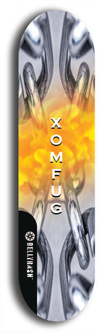 Skateboard deck: Limited edition, North American maple skateboard deck designed by underground artist BellyRash - available widths 7.5 to 8.5 inches in both mellow concave and steep concave shapes. Artwork: XOMFUG logo brand popsicle-shaped deck